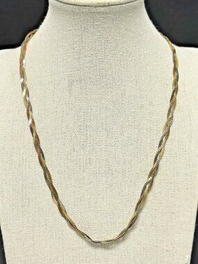 Vintage Tri Color Necklace Braided Herringbone Flat Chain Mixed Metal